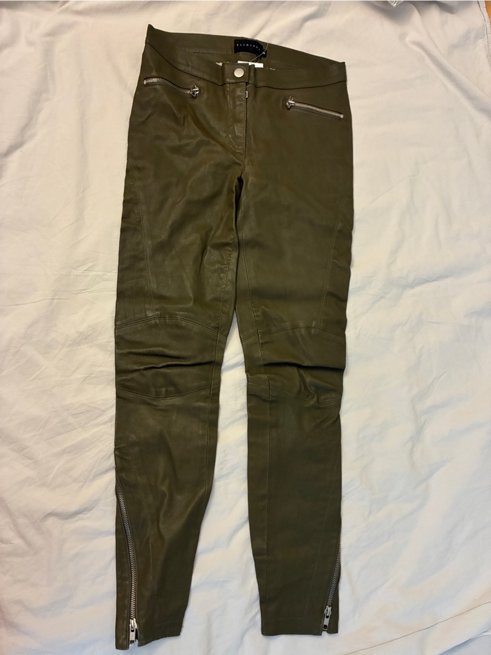 Olive Green Skinny Women's Stretch Leather Pants with Ankle Zippers